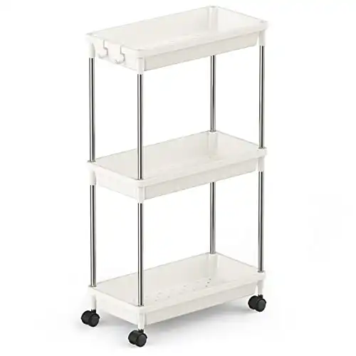 CAXXA 3-Tier Rolling Metal Storage Organizer - Mobile Utility Cart Kitchen Cart with Caster Wheels, White