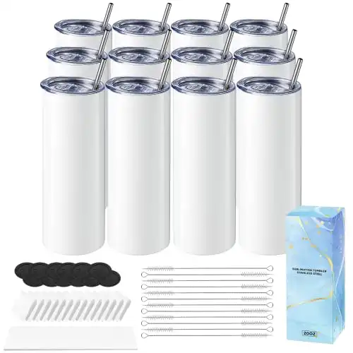 Hiipoo 12 Pack Sublimation Tumblers Blank 20 oz Straight Skinny