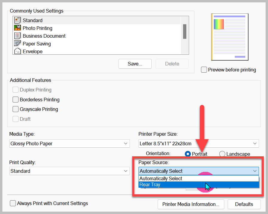 select the printer tray